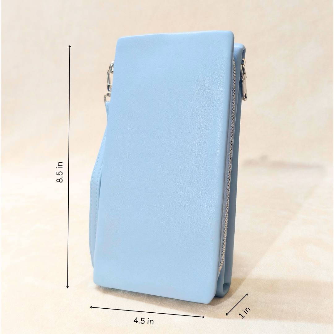 Light blue pouch with measurements on a beige background