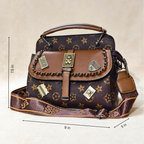 Brown patterned handbag with measurements on a beige background