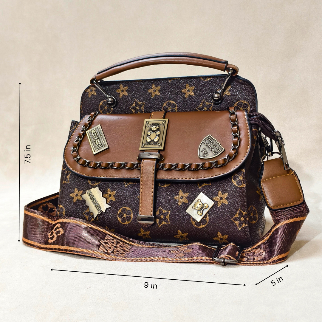 Brown patterned handbag with measurements on a beige background