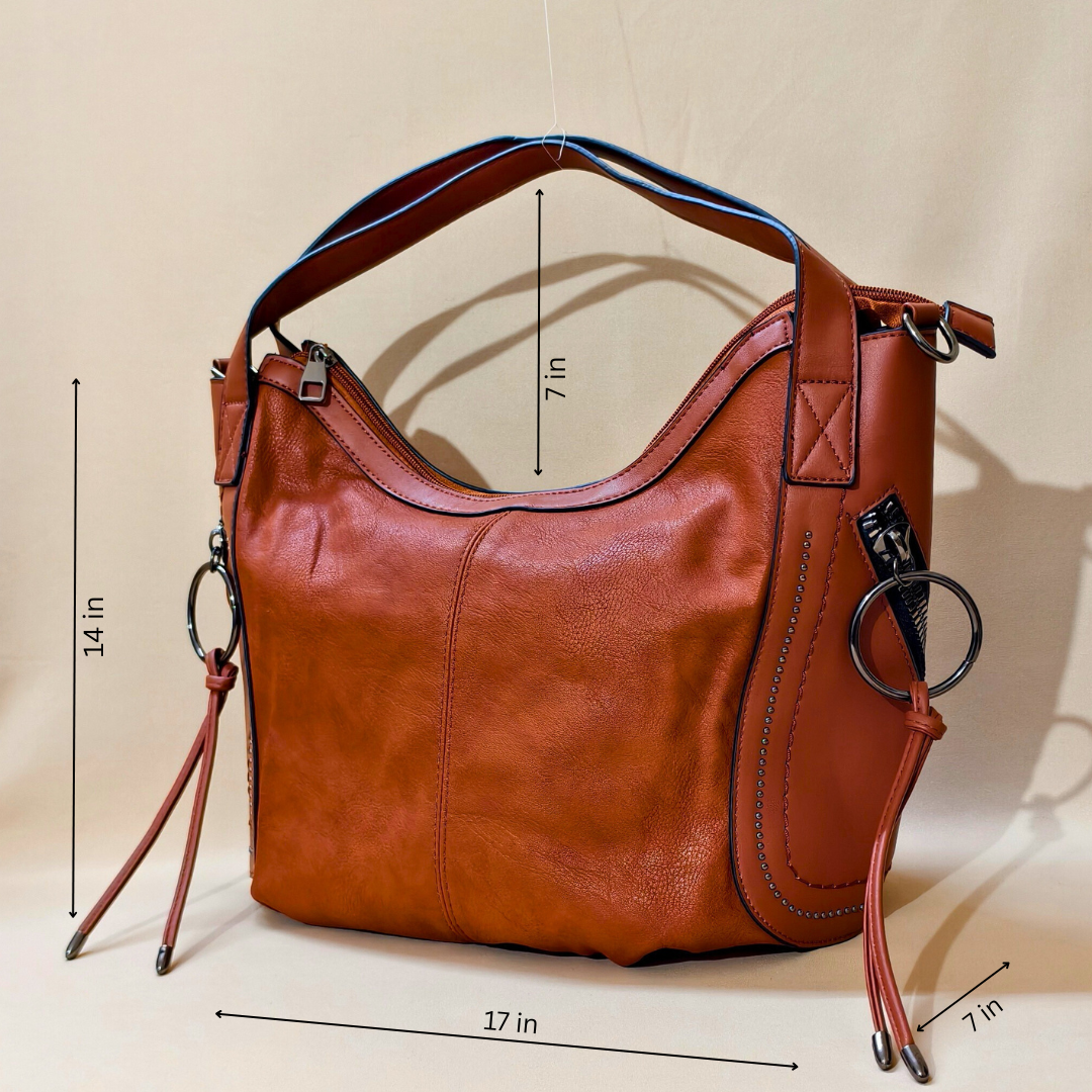 Brown leather handbag with measurements on a beige background