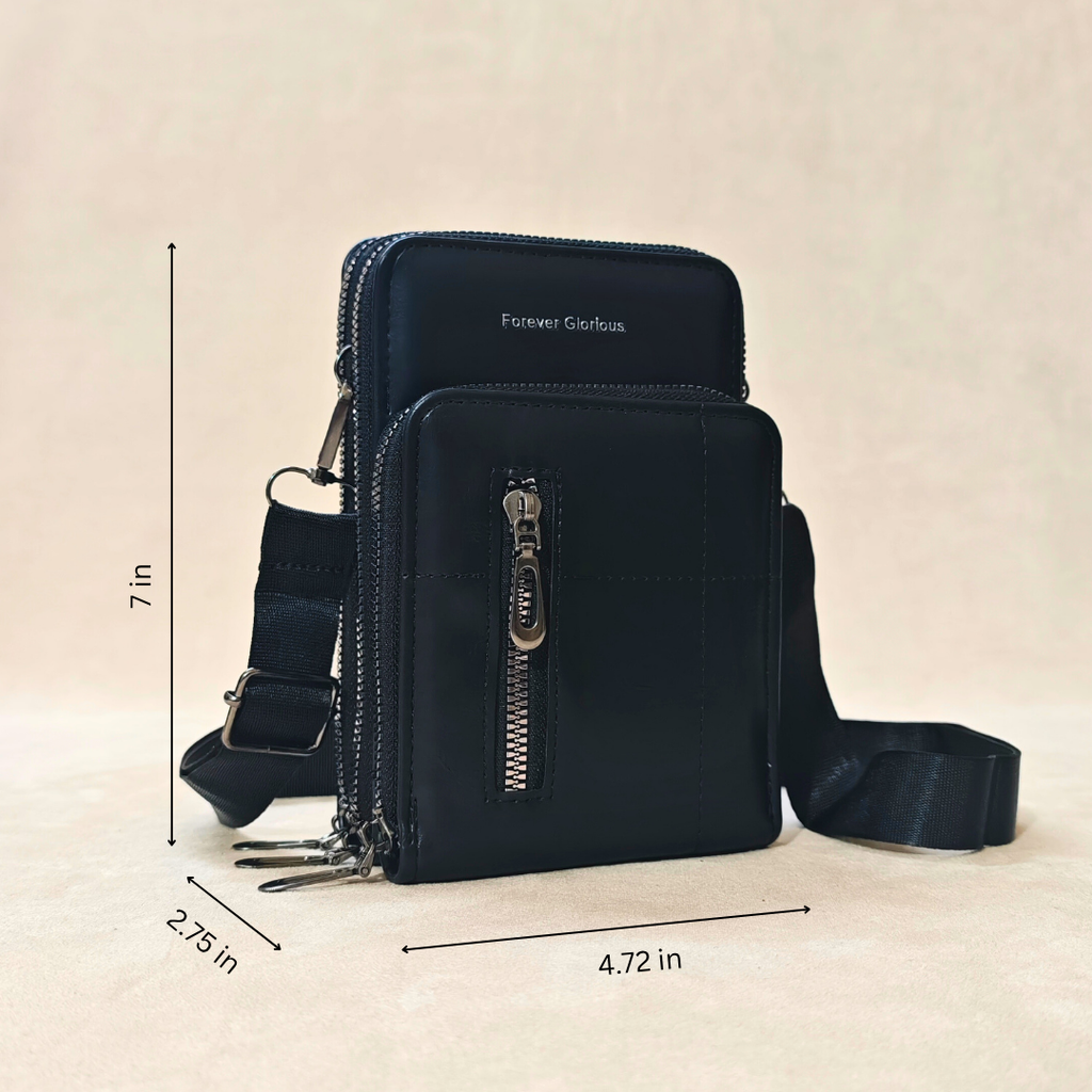 Black crossbody bag with measurements on a beige background