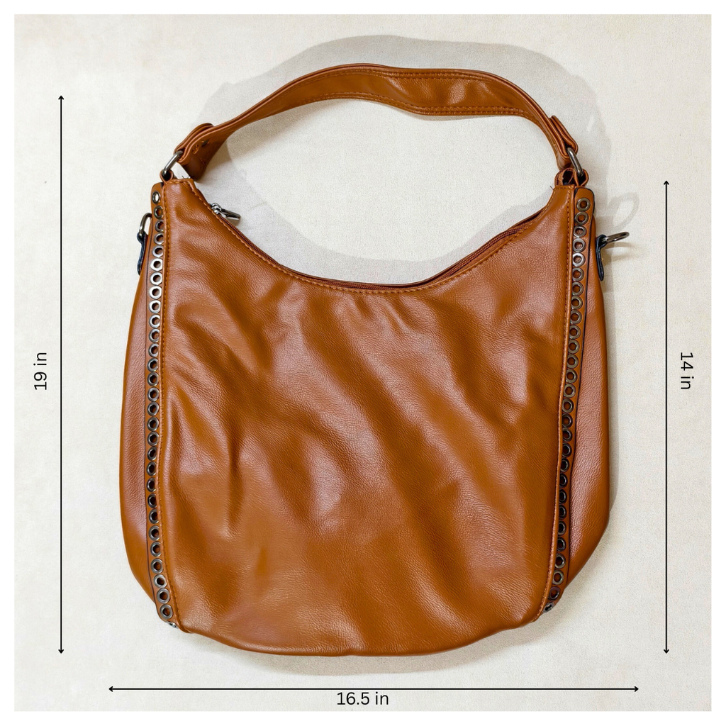 Brown handbag with measurements on a white background