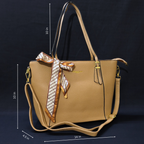 Beige handbag with a decorative bow and measurements on a dark background