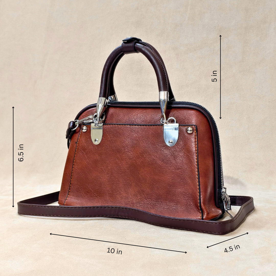 Brown leather handbag with measurements on a beige background