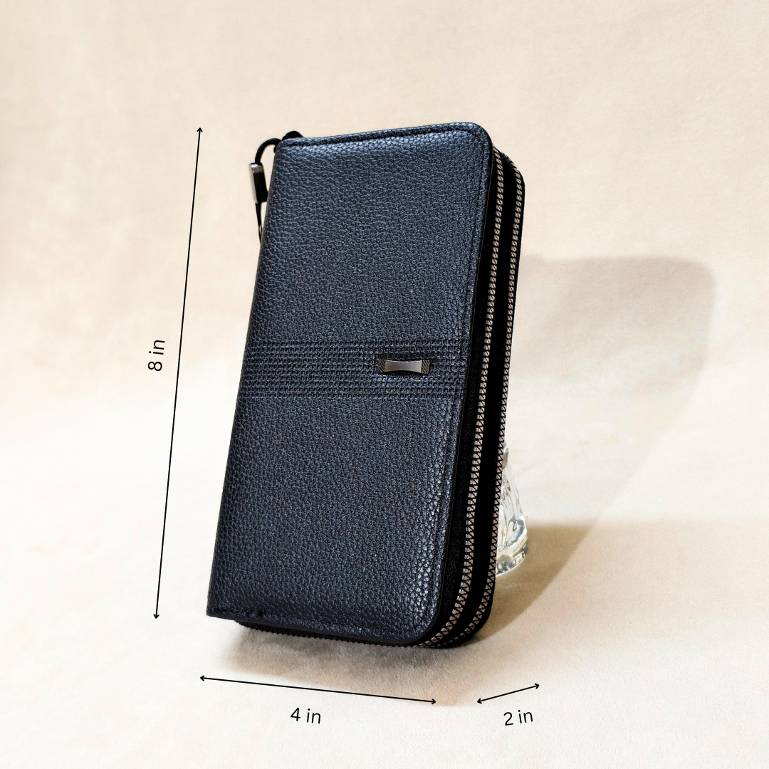 Black leather wallet with measurements on a beige background