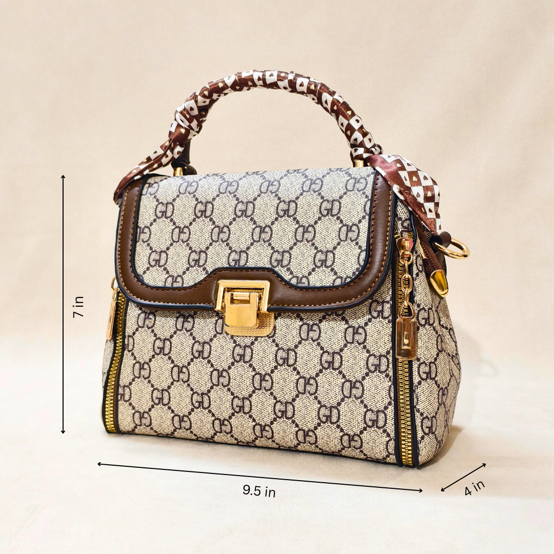 Designer handbag with dimensions on a beige background