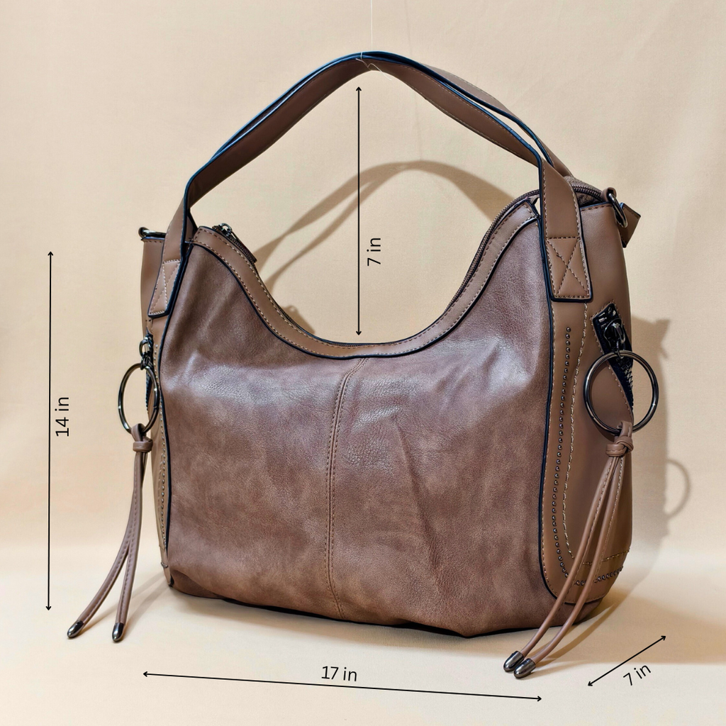 Brown handbag with measurements on a beige background