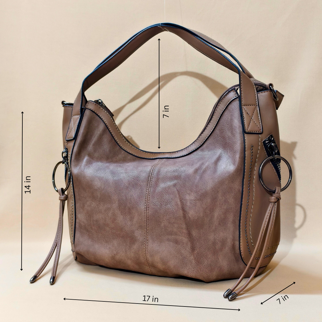 Brown handbag with measurements on a beige background