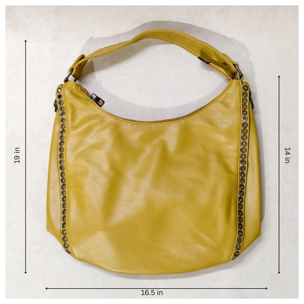 Yellow handbag with decorative studs on a white background with measurements indicated.