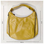 Yellow handbag with decorative studs on a white background with measurements indicated.