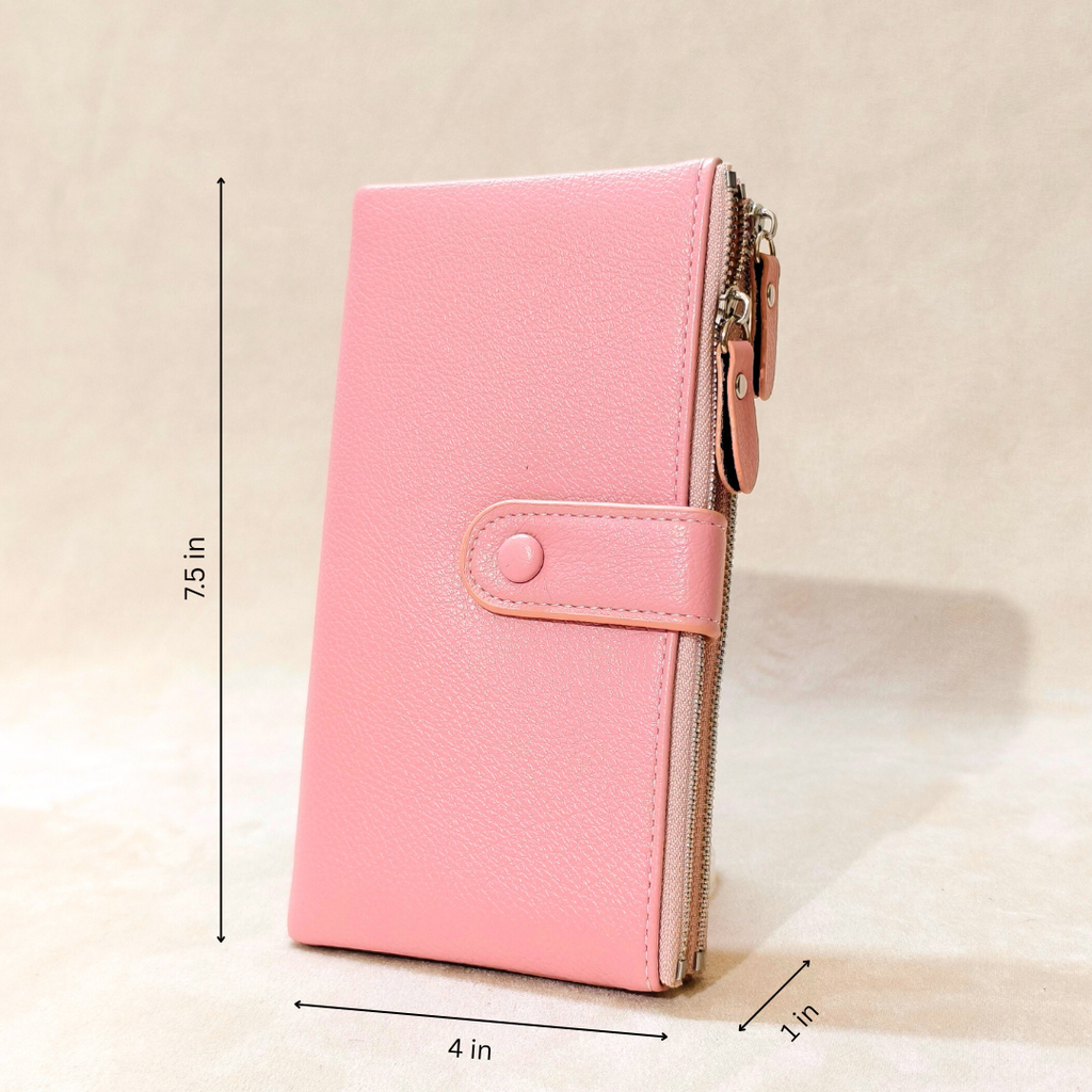 Pink wallet with measurements on a beige background