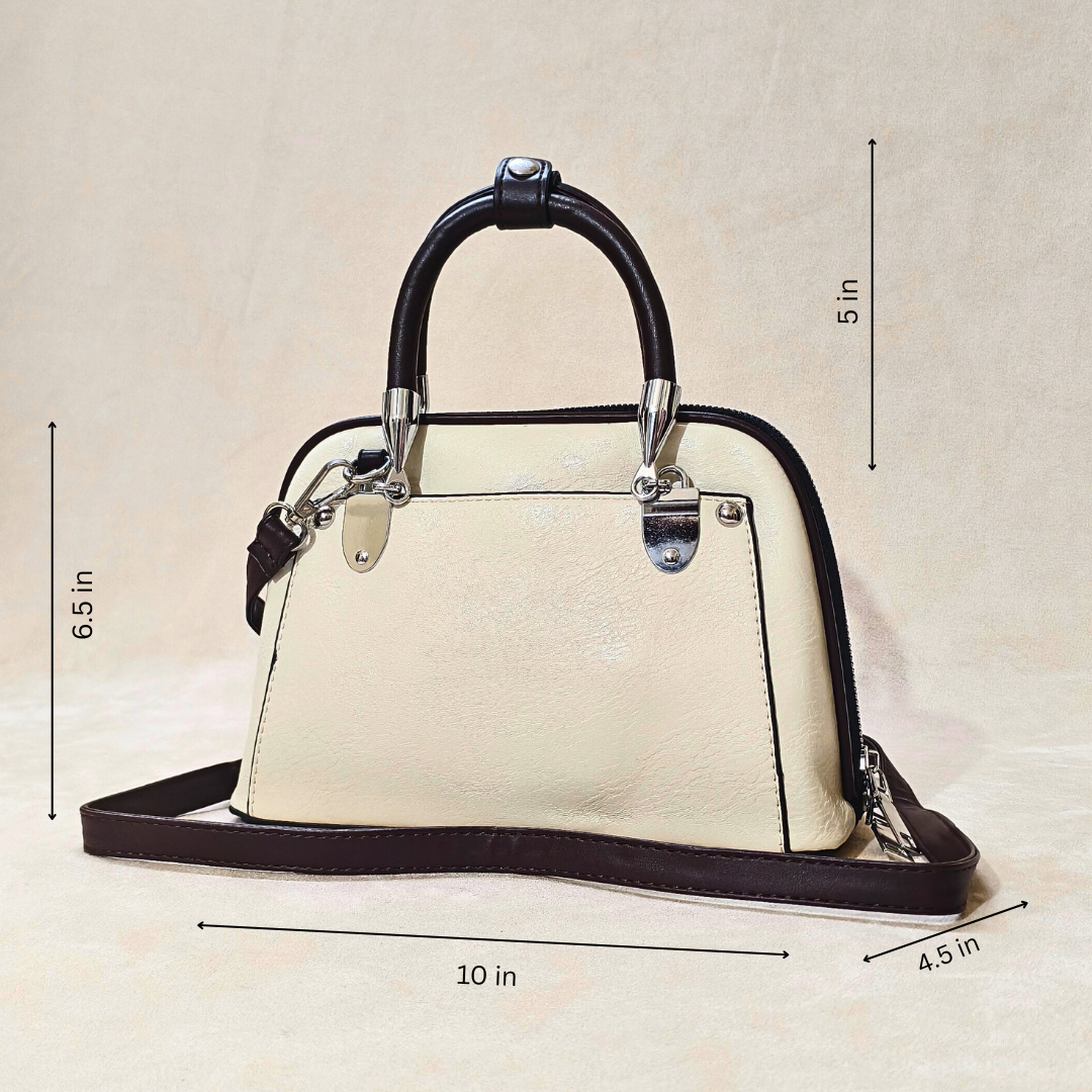 Beige handbag with black handle and strap, shown with dimensions on a beige background