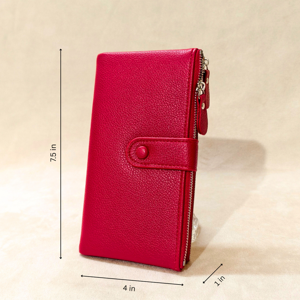 Red wallet with measurements on a beige background