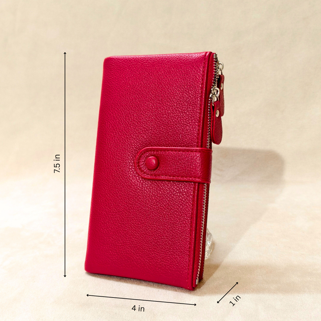 Red wallet with measurements on a beige background