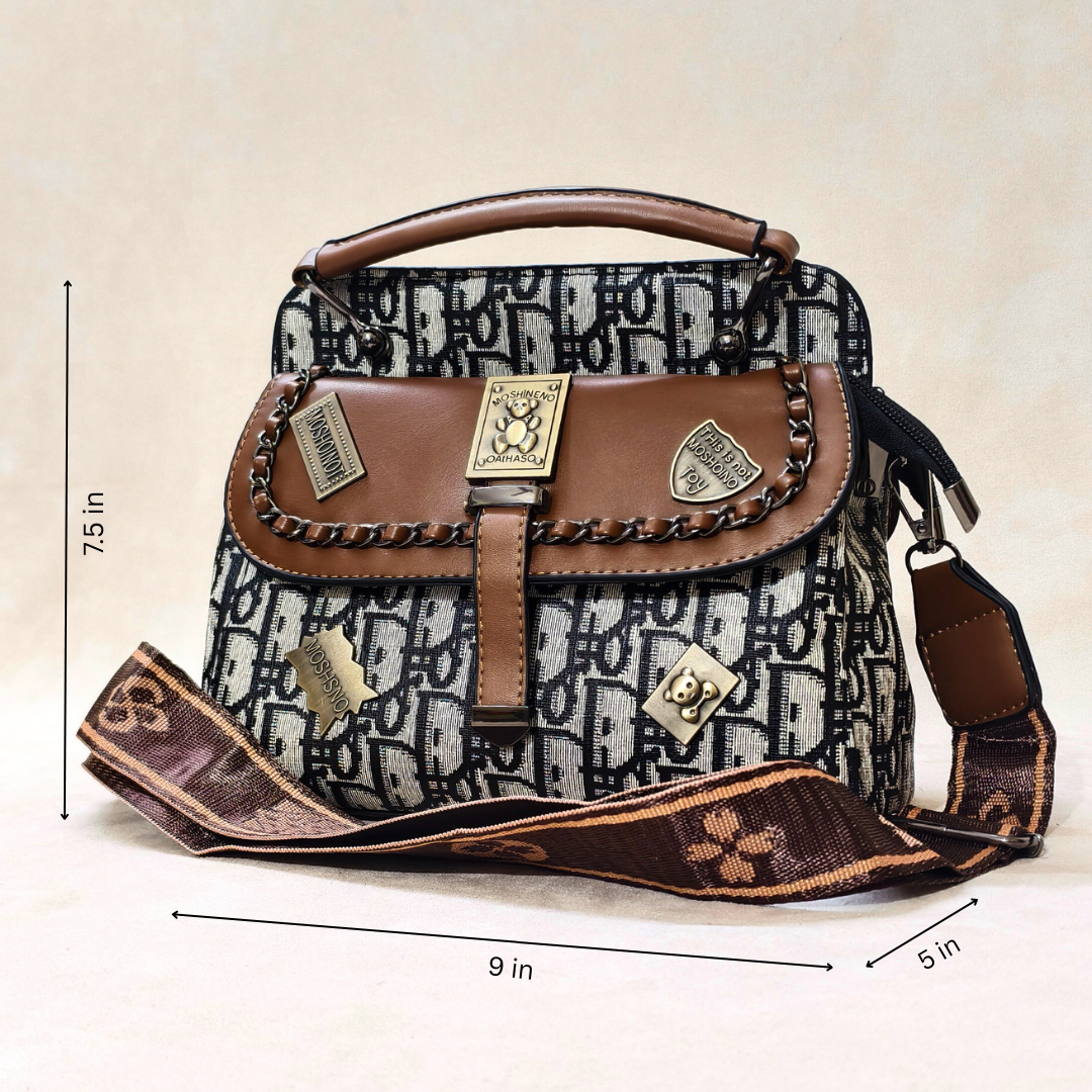 Designer handbag with monogram pattern and brown accents, shown with measurements on a beige background.