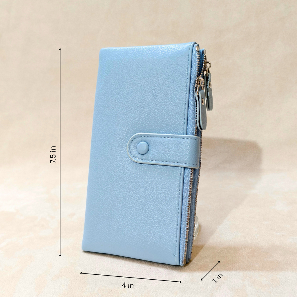 Light blue wallet with measurements on a beige background