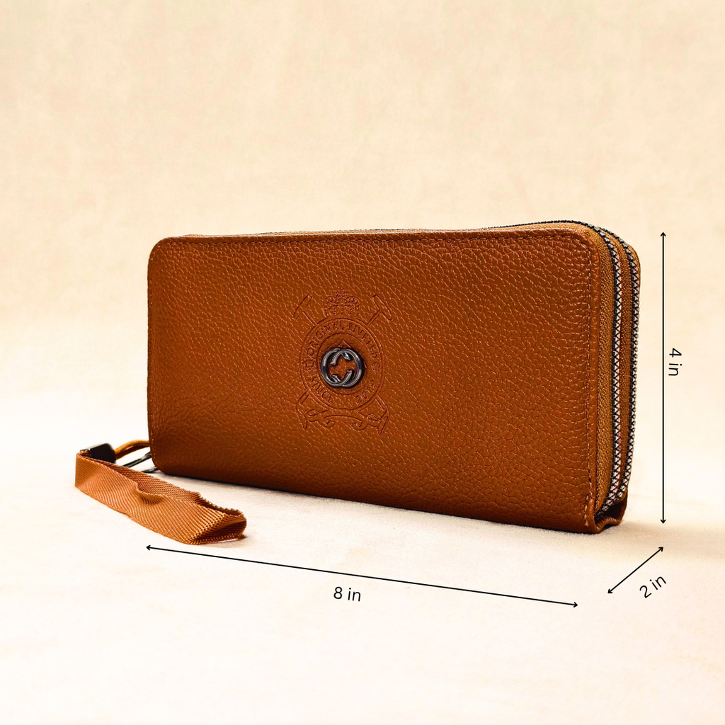 Luxury Brown Saffiano Vegan Leather Wallet for Women, 12 Card Slots, Dual-Zip Design with Detachable Wrist Strap