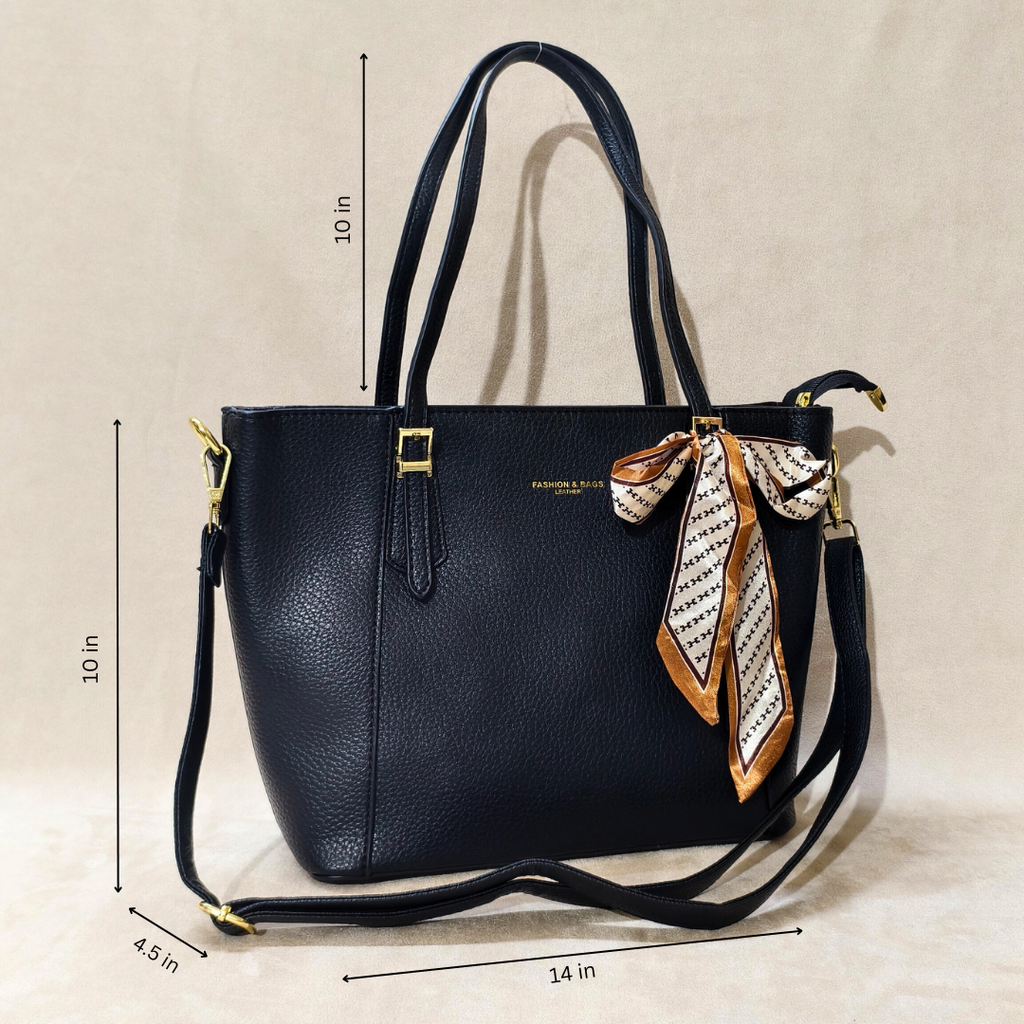 Black handbag with a decorative scarf and measurements on a beige background