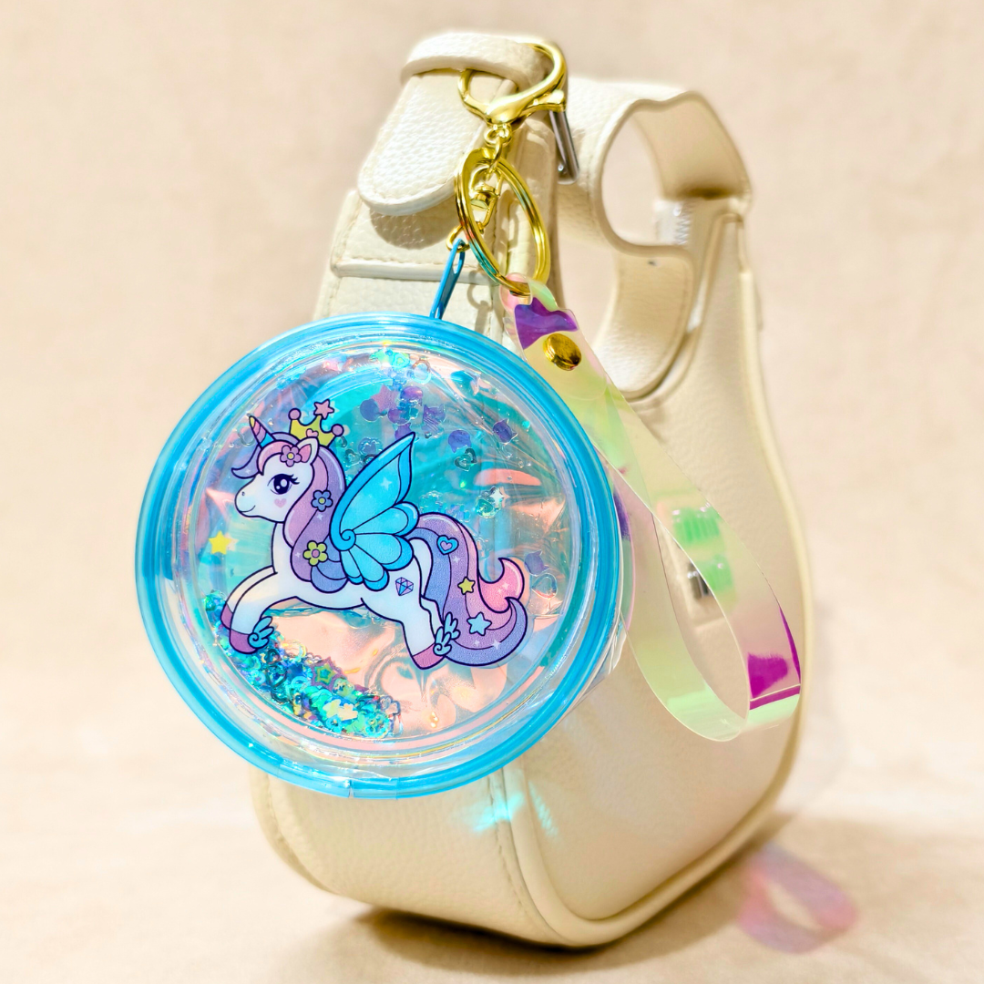 Keychain with a unicorn design on a beige background