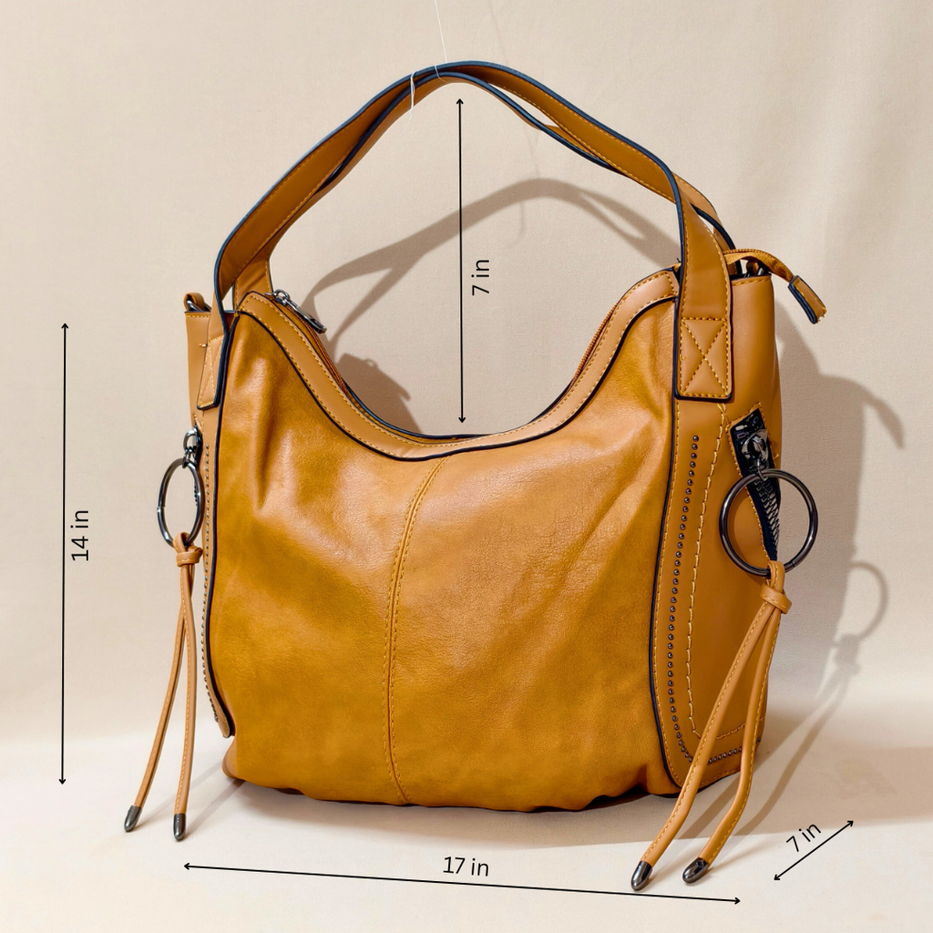 Yellow handbag with measurements on a beige background