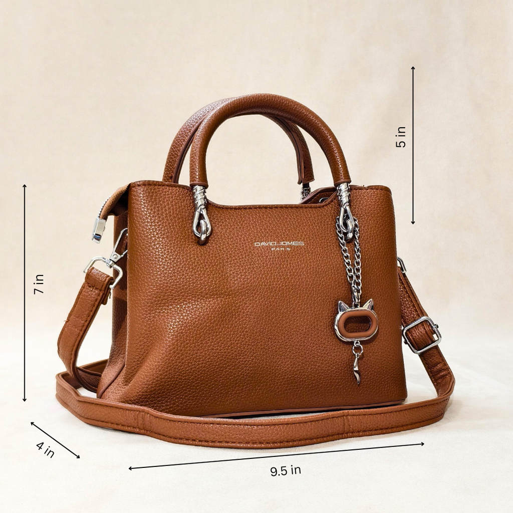 Brown handbag with measurements on a beige background