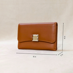 Brown wallet with gold accent on a beige background, shown with dimensions.