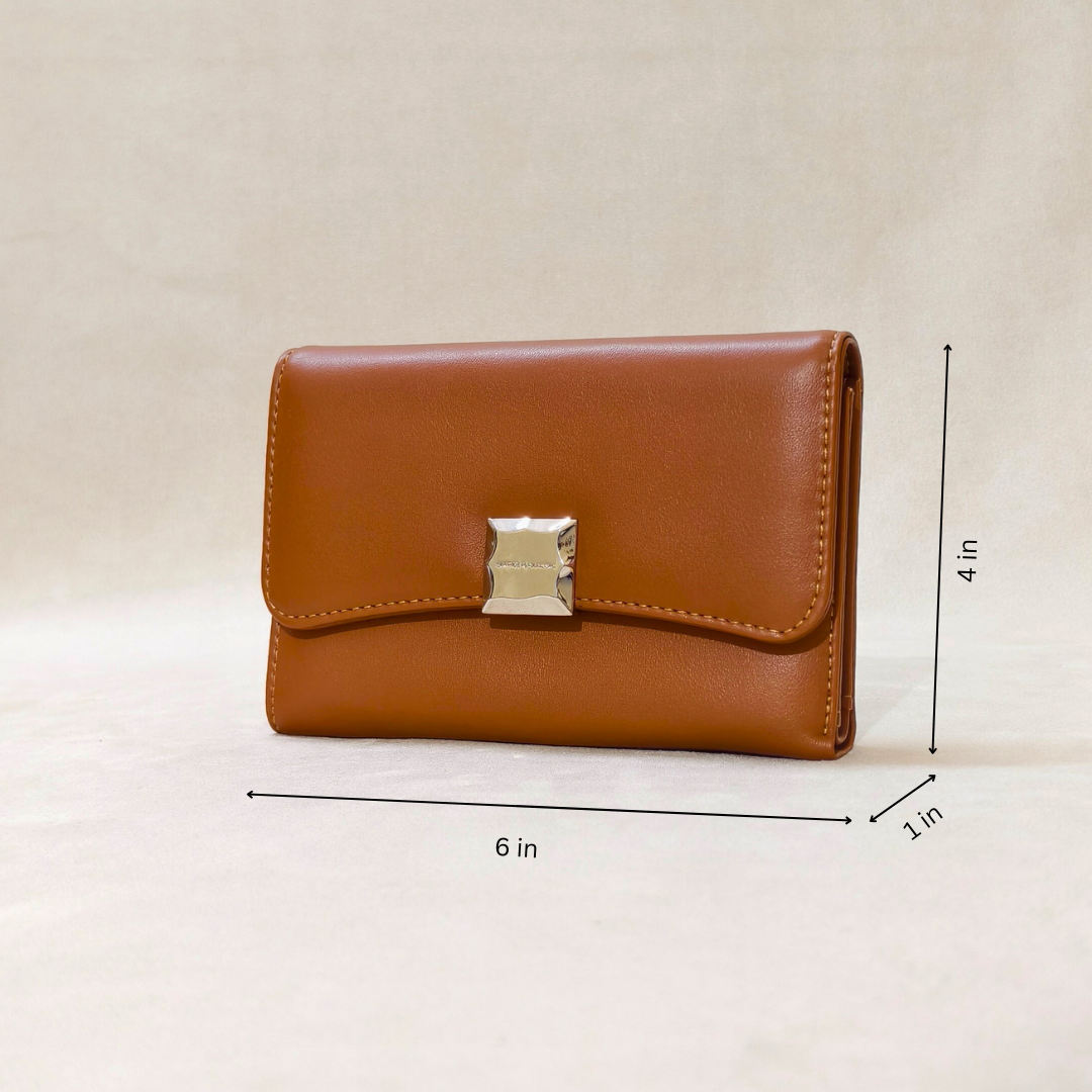 Brown wallet with gold accent on a beige background, shown with dimensions.