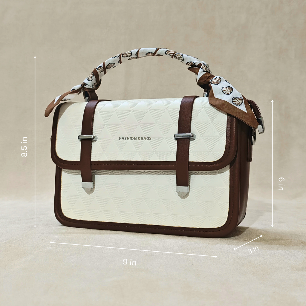 White handbag with brown straps and a decorative band, shown with measurements on a beige background.