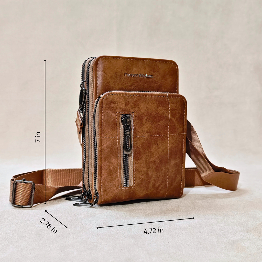 Brown leather crossbody bag with measurements on a beige background