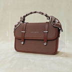 Brown Woven Canvas Crossbody Sling Bag With Adjustable Strap And Oak Brown Vegan Leather Trim For Women