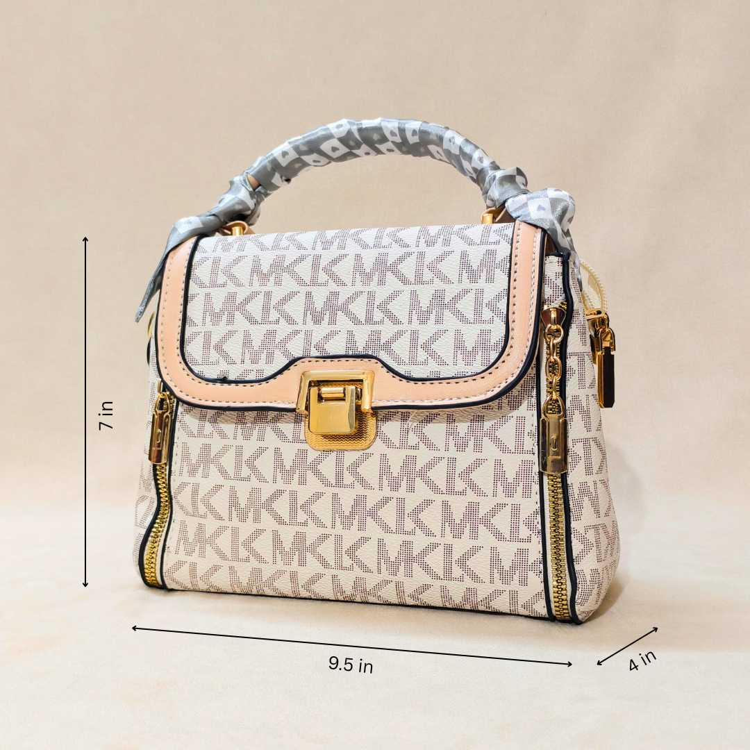 Designer handbag with visible brand logo and measurements on a beige background