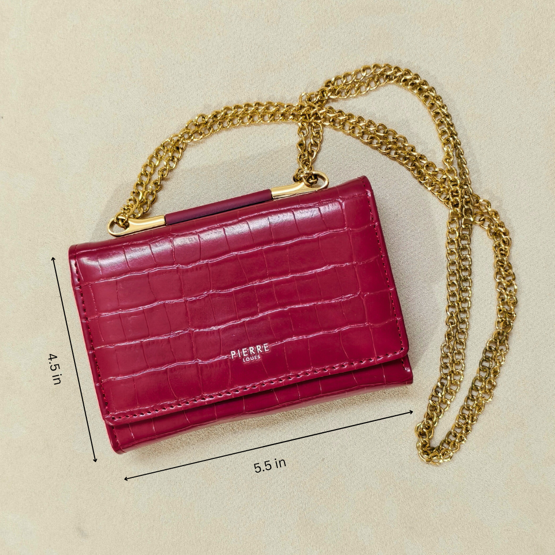 Croc-Embossed Red Vegan Leather Wallet with Sling Chain Crossbody Style with 14 Card Slots For Women