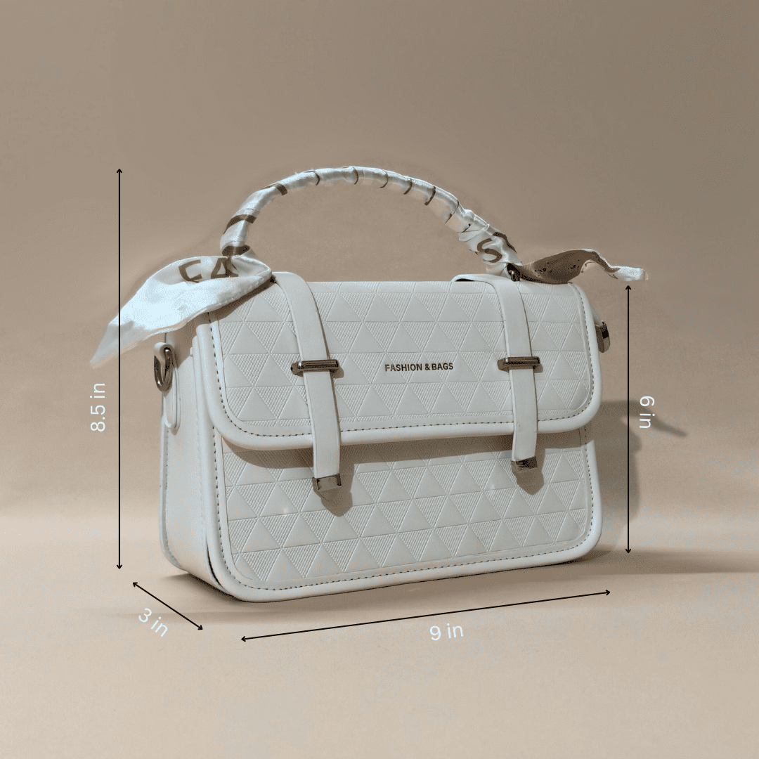 White quilted handbag with dimensions on a beige background