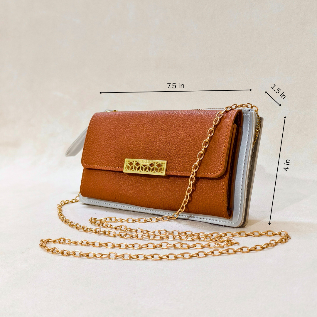 Brown handbag with gold chain strap and measurements on a light background