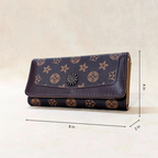 Blue wallet with star pattern and measurements on a beige background