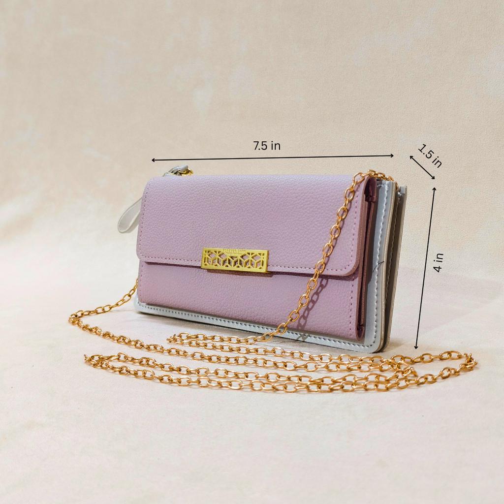Pink handbag with gold chain and measurements on a beige background