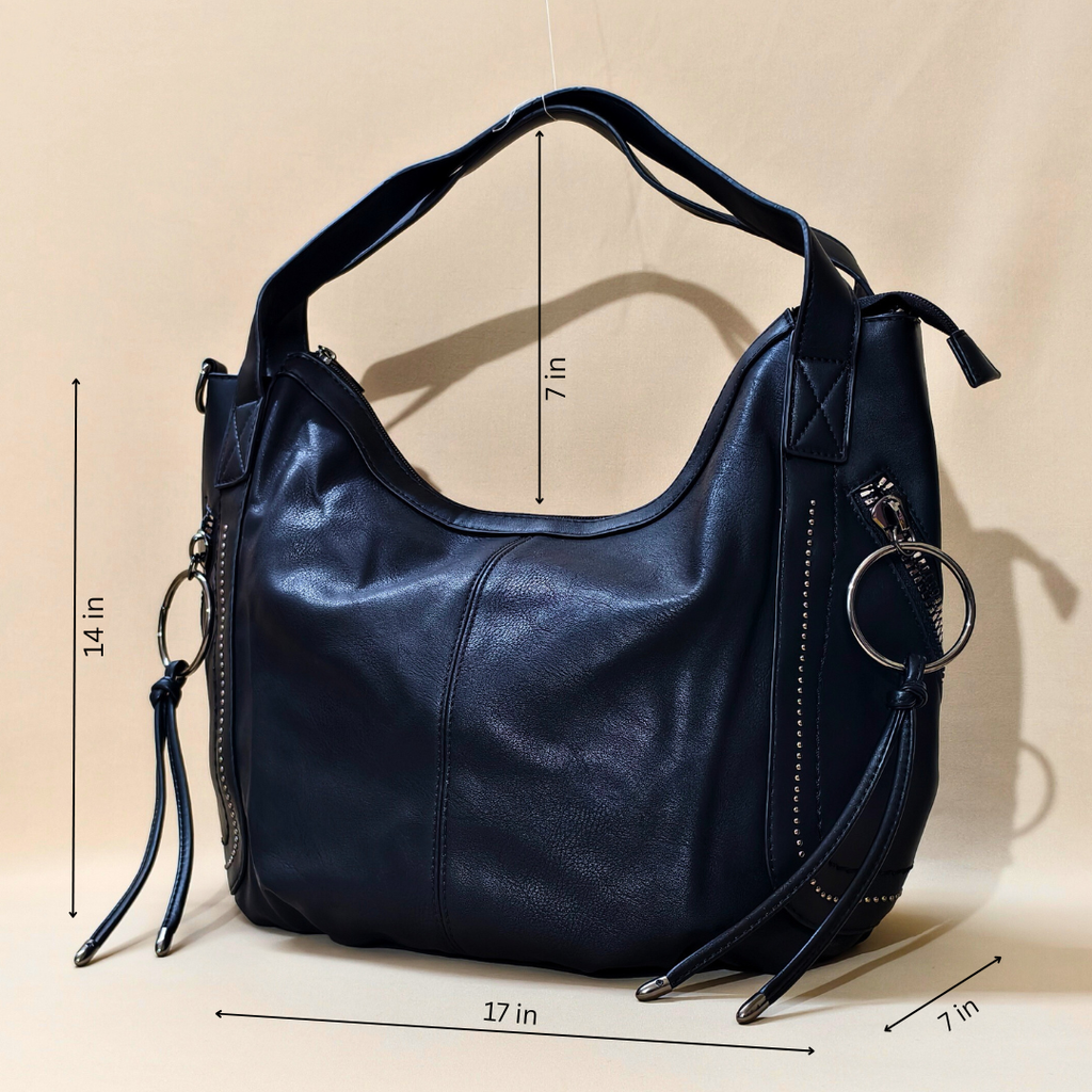 Black hobo shoulder bag with measurements mentioned on it.