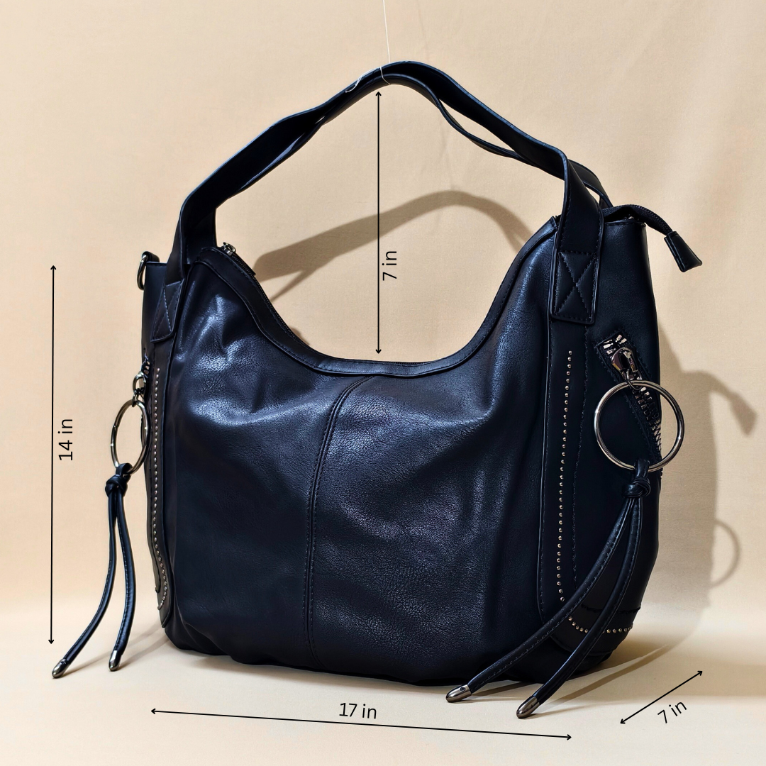 Black hobo shoulder bag with measurements mentioned on it.