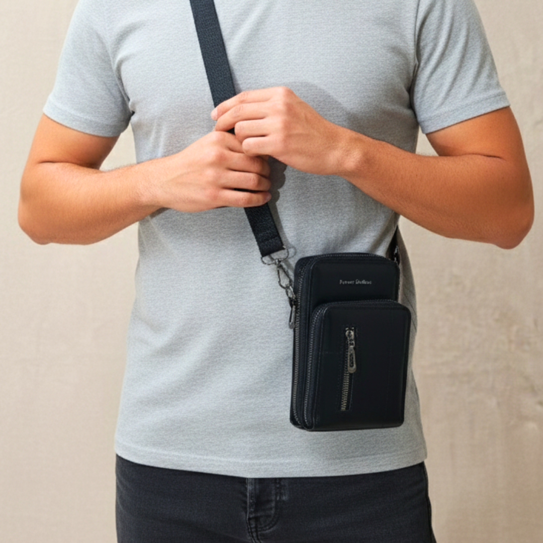 Person wearing a black crossbody bag with visible brand name against a neutral background