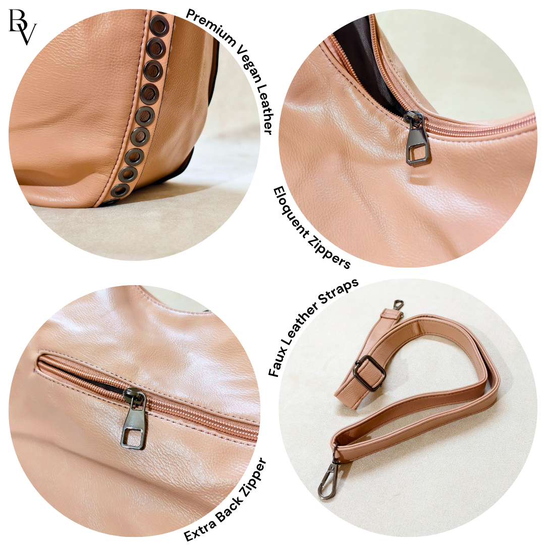 Close-up details of a product with premium vegan leather, eloquent zippers, faux leather straps, and an extra back zipper.