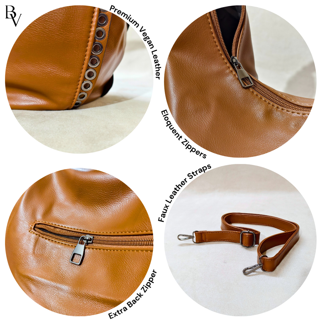 Close-up details of a brown leather bag with vegan leather, zippers, and straps on a white background.
