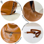 Close-up details of a brown leather bag with vegan leather, zippers, and straps on a white background.