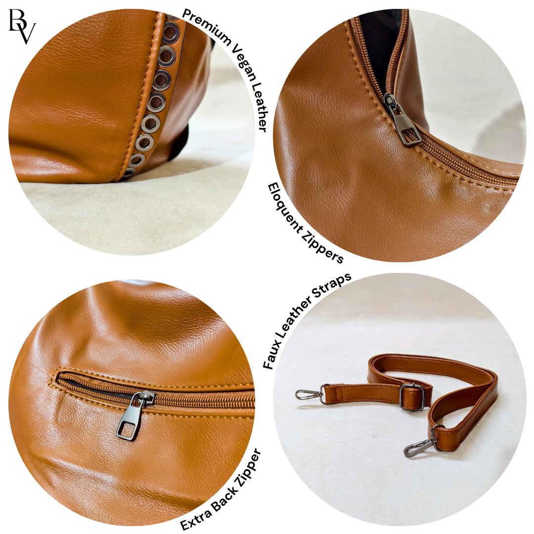 Close-up details of a brown leather bag with vegan leather, zippers, and straps on a white background.