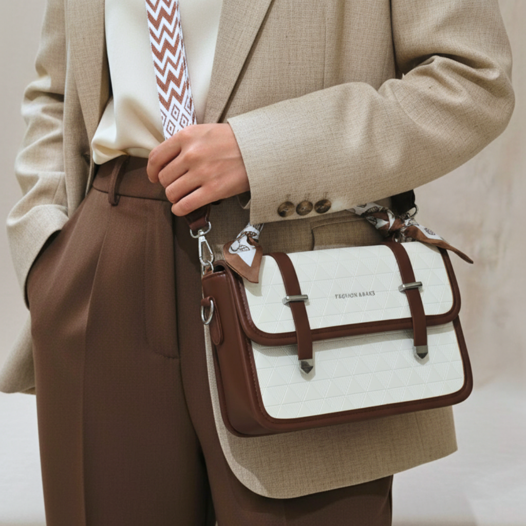 Person holding a brown and white handbag with a neutral background