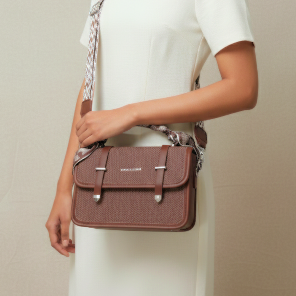 Brown Woven Canvas Crossbody Sling Bag With Adjustable Strap And Oak Brown Vegan Leather Trim For Women