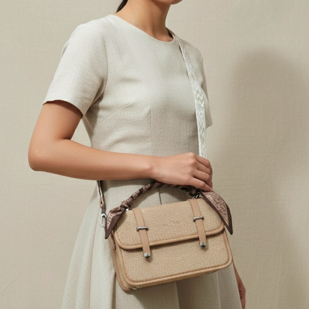 Woman holding a beige handbag with a strap against a neutral background