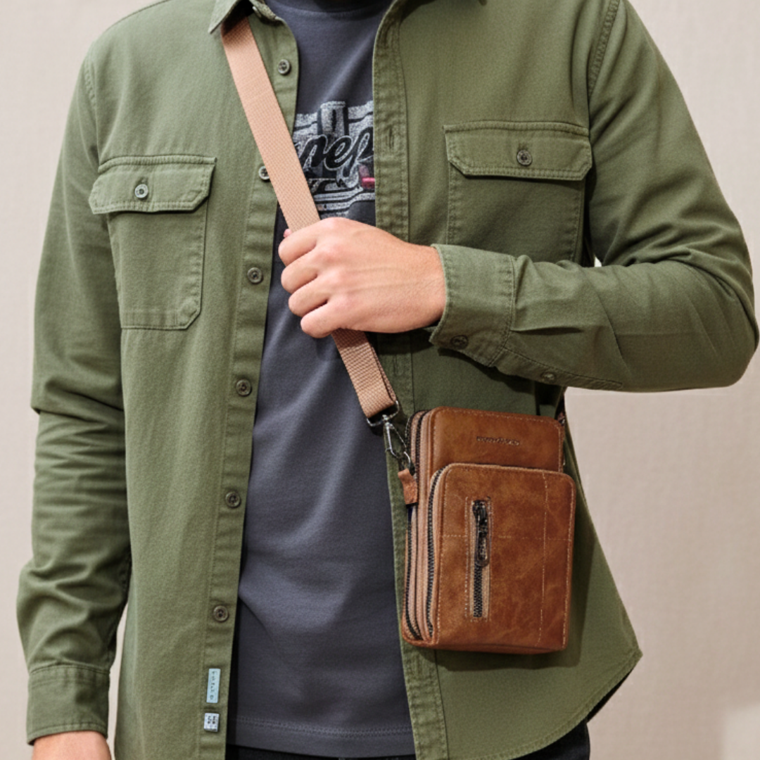 Person wearing a green jacket holding a brown leather crossbody bag.