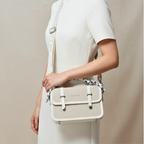 Off-White Woven Canvas Crossbody Sling Bag With Adjustable Strap And White Vegan Leather Trim For Women