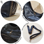 Collage of vegan leather bag features including premium vegan leather, zippers, and straps.
