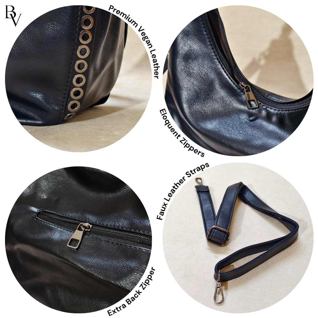 Collage of vegan leather bag features including premium vegan leather, zippers, and straps.
